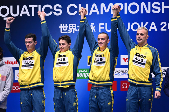 Australia’s men’s 4x100m freestyle relay gold medallists Jack Cartwright, Kai Taylor, Flynn Southam and Kyle Chalmers.