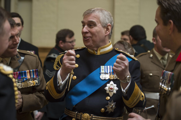 Prince Andrew’s military affiliations and Royal patronages have been returned to The Queen. Here he speaks with military personnel at St Paul’s Cathedral in 2015 in London, 