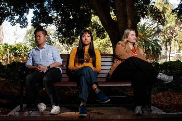 Jeremy Wong, 22 (left), Sei Shin, 20, (centre) and Clare Fitzgerald, 22, are among the two in five young adults who are lonely.