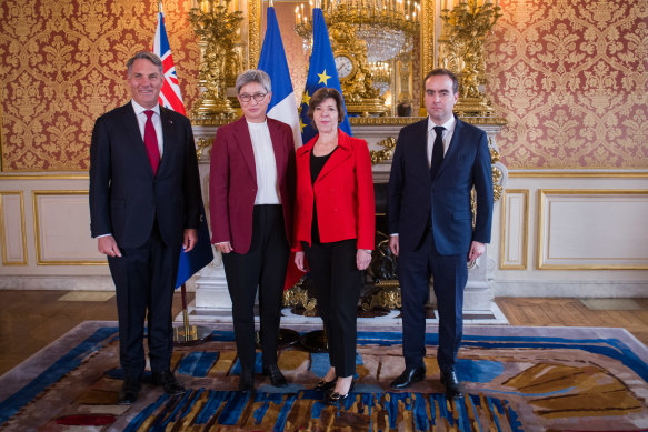 Announcing new cooperation: From left, Defence Minister Richard Marles and  Foreign Minister Penny Wong with French Foreign Affairs Minister Catherine Colonna and French Defence Minister Sebastien Lecornu in Paris.