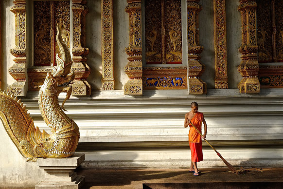 Mop, a 20-year-old Buddhist monk, during Wat Luang Chedi’s daily “Monk Chat” program.