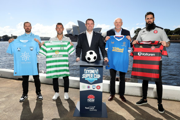 Sydney FC’s Luke Brattan, former Celtic star Scott McDonald, NSW Sports Minister Stuart Ayres, ex-Rangers striker David Mitchell, and injured Wanderers skipper Rhys Williams.