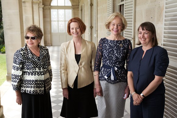 Justice Mary Gaudron (left) at Admiralty House in 2011 with then-prime minister Julia Gillard, governor-general Quentin Bryce and then-attorney-general Nicola Roxon.
