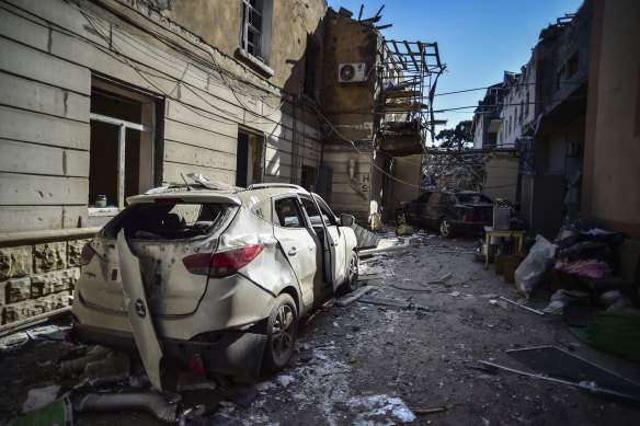 The aftermath of shelling by Armenian artillery in Ganja, Azerbaijan.