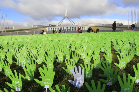 A sea of hands representing public schools that support the Gonski education reforms on display in Canberra in August 2012.  