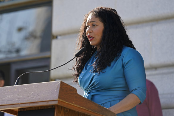 San Francisco Mayor London Breed speaks during a briefing outside City Hall in San Francisco in December.