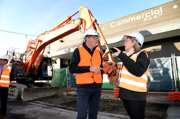 Transport Minister Jacinta Allan with Premier Daniel Andrews at a Suburban Rail Loop site in June 2022.