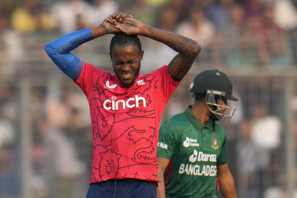 Jofra Archer winces during a T20 match for England against Bangladesh in March.