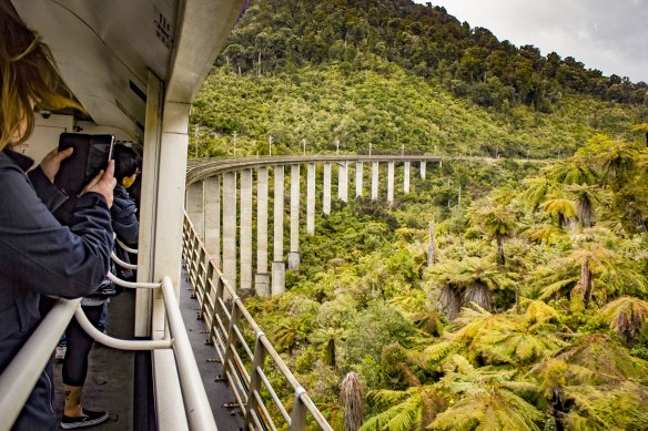 Crossing Hapuawhenua Viaduct with a view from the open carriage.