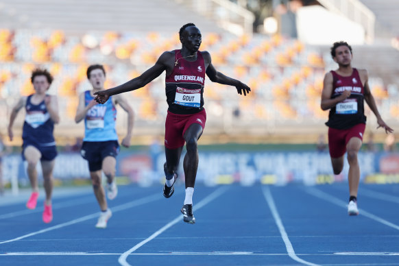 Gout Gout crosses the line in his record-breaking 200m win.