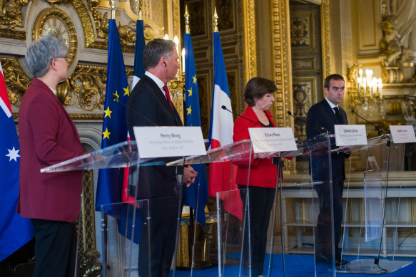 From left: Foreign Minister Penny Wong, Defence Minister Richard Marles, French Foreign Minister Catherine Colonna and French Defence Minister Sebastien Lecornu in Paris. 