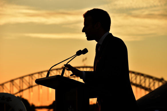 French President Emmanuel Macron makes a speech about the Indo-Pacific on board the Australian ship HMAS Canberra in Sydney in 2018.