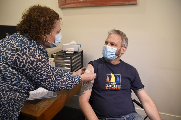 Chief Health Officer Brett Sutton in July getting his second AstraZeneca vaccine at The Hills Medical Practice at Olinda.
