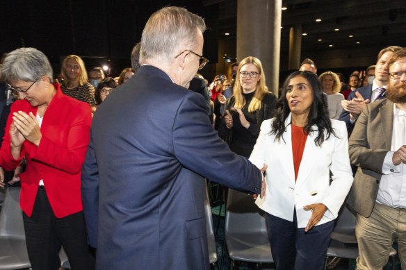 Opposition Leader Anthony Albanese and Labor candidate for Swan, Zaneta Mascarenhas during the Labor Party campaign launch at Optus Stadium in Perth, WA, on Sunday 1 May 2022.