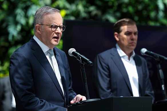 Anthony Albanese at a press conference during the Prime Minister’s June visit to the Amazon Spheres in Seattle.