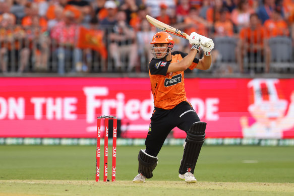 Aaron Hardie of the Scorchers plays a shot across the ground during the BBL match between Perth Scorchers and Hobart Hurricanes on Wednesday night.