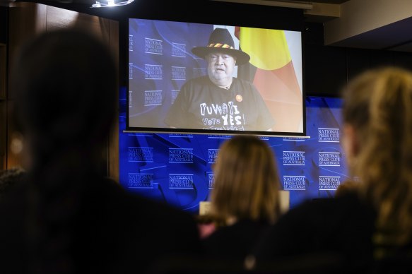 Senator Pat Dodson, special envoy for reconciliation and the implementation of the Uluru Statement from the Heart, during an address to the National Press Club via videolink from Broome on Wednesday.