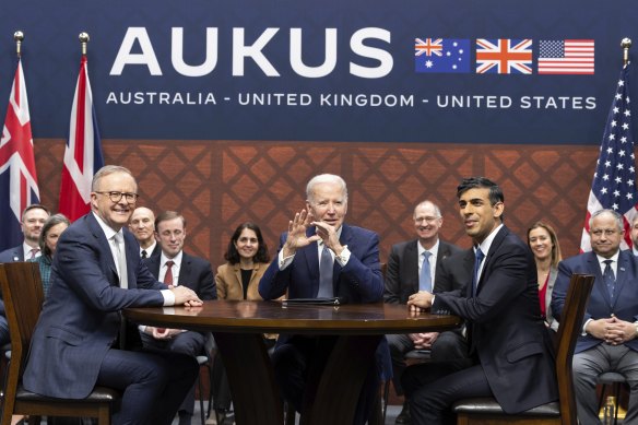 Prime Minister Anthony Albanese, United States President Joe Biden and UK Prime Minister Rishi Sunak in San Diego during their AUKUS meeting in March.