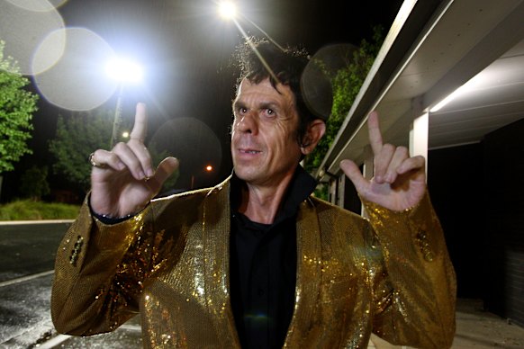 Wodonga's local Elvis Presley performs at the border checkpoint at South Albury.