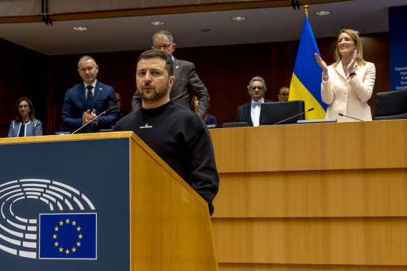 Ukrainian President Volodymyr Zelensky gives a speech at the European Parliament in the presence of all MEPs and parliamentary leaders on February 9 in Brussels.
