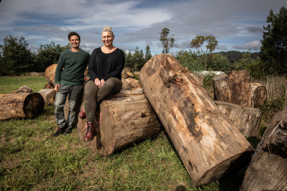Julia Hall and Richard Bellemo with logs from some of the trees that fell during last years storm in the Dandenongs.