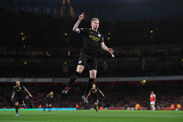 Kevin de Bruyne celebrates one of his two goals against Arsenal.