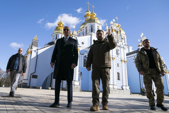 Biden and Zelenskyy at St Michael’s Golden-Domed Cathedral during Biden’s unannounced visit in Kyiv.