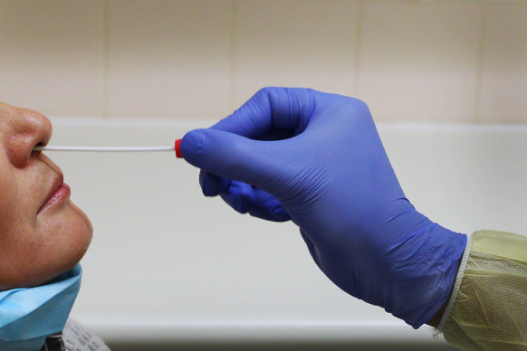 A nurse conducts a nasal swab test for coronavirus. The results are meant to be returned within five days, but some people say they are waiting even longer.