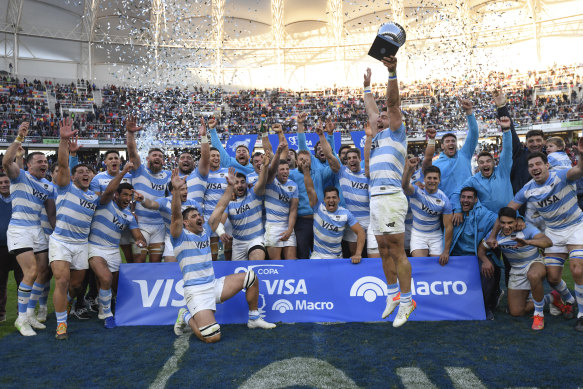 Argentina celebrate after winning the test series against Scotland.