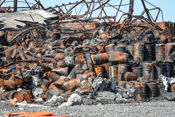 Burnt drums left behind after the West Footscray warehouse fire.