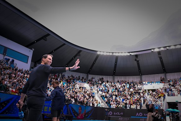 Rafa Nadal addresses fans at KIA Arena on Sunday.