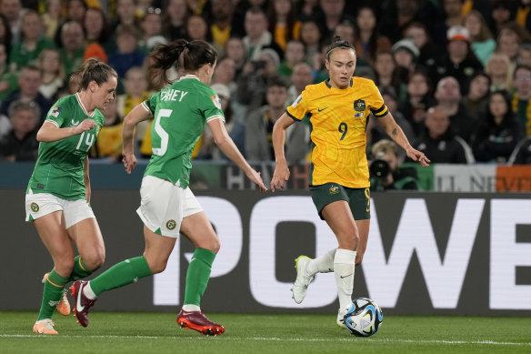 Caitlin Foord, on the move against Ireland, has scored seven of the Matildas’ last 28 goals.