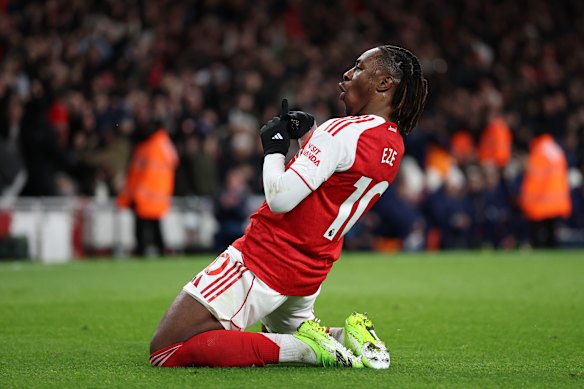 Arsenal’s Eberechi Eze celebrates scoring. 