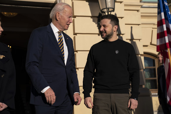 President Joe Biden meets Ukrainian President Volodymyr Zelensky at Mariinsky Palace during an unannounced visit in Kyiv.