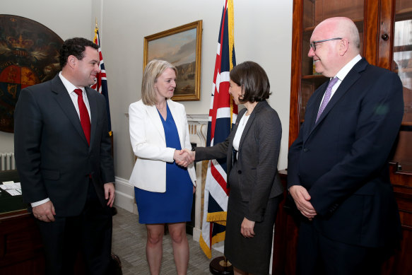 Jobs Minister Stuart Ayres, NSW Premier Gladys Berejiklian, and UK Trade Secretary Liz Truss meet at a welcome reception at Stoke Lodge hosted by Australia's High Commissioner to the UK, George Brandis.