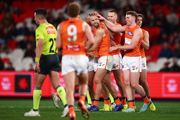 Jake Stringer of the Giants celebrates a goal.