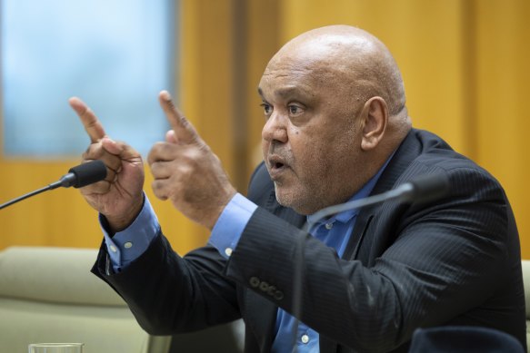 Aboriginal leader Noel Pearson giving evidence during a parliamentary committee hearing on the Voice.