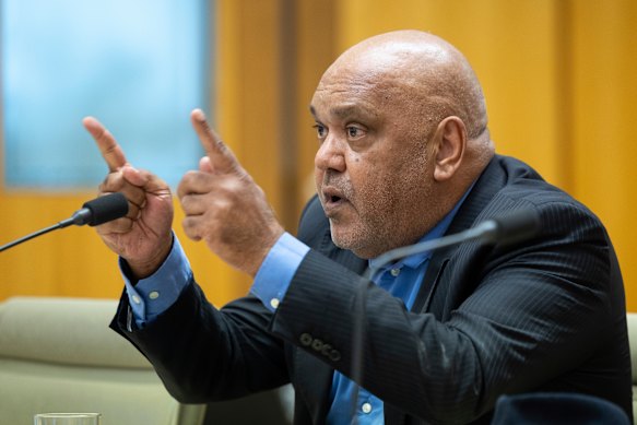 Aboriginal leader Noel Pearson giving evidence during a parliamentary committee hearing on the Voice.