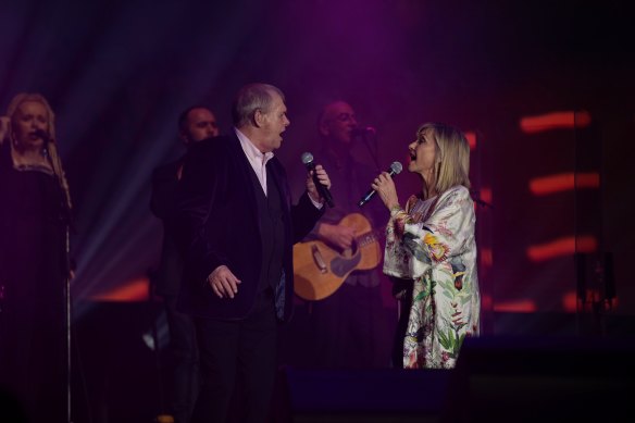 John Farnham and the late Olivia Newton-John at a fire benefit concert in February 2020.