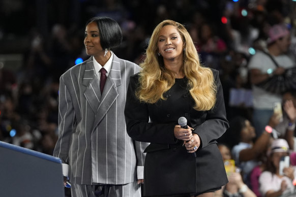 Beyoncé, right, and Kelly Rowland, left, at a campaign event for Kamala Harris in Houston, Texas last week.