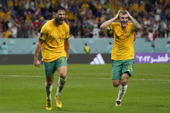 Mathew Leckie celebrates his match-winning goal against Denmark.