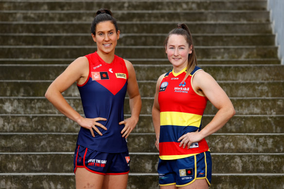 Melbourne’s Libby Birch and Adelaide’s Ailish Considine. Their teams kick off the 2022 AFLW finals series.