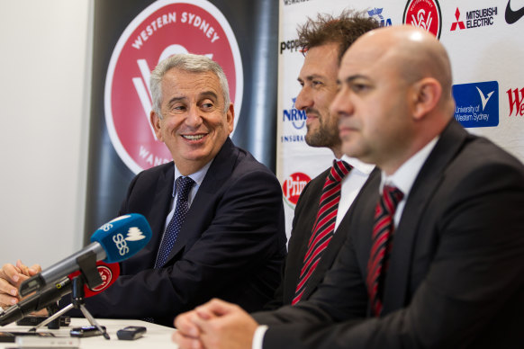 Chairman Paul Lederer, left, with Western Sydney Wanderers’ inaugural head coach Tony Popovic and CEO John Tsatsimas.