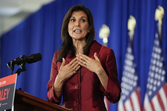 Republican presidential candidate Nikki Haley speaking at an election night event in Charleston.