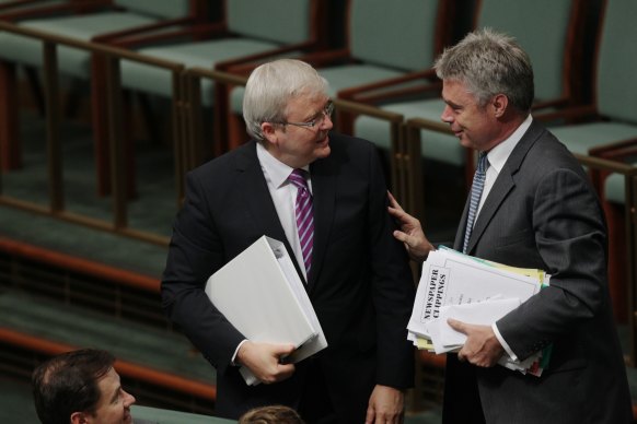 Ex-Labor minister Alan Griffin (right), now a lobbyist, with former prime minister Kevin Rudd in 2012. It was Rudd’s government that started to tighten the screws on lobbyists.