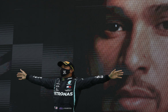 Mercedes driver Lewis Hamilton celebrates after winning the Portuguese Grand Prix at the Algarve International Circuit in Portimao on Sunday.