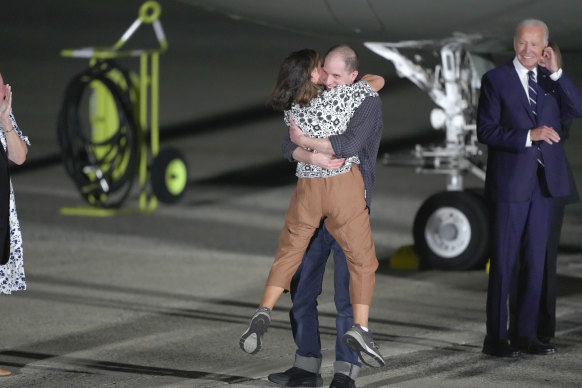 Reporter Evan Gershkovich hugs his mother, Ella Milman, on his return to the US.