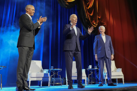 Big hopes for big dollars: President Joe Biden and former presidents Barack Obama and Bill Clinton at a fundraising event at Radio City Music Hall in New York on Thursday.