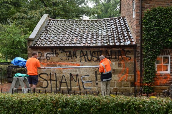 Graffiti on the cottage in 2014.