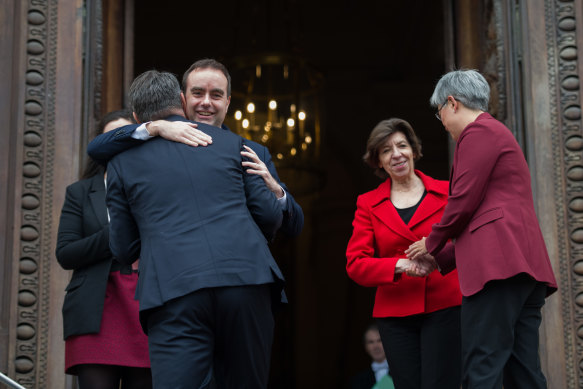 Warmth on display: French Foreign Affairs minister Catherine Colonna, French Defence Minister Sebastien Lecornu, Australian Defence Minister Richard Marles and Australian Foreign Minister Penny Wong at a meeting in Paris.